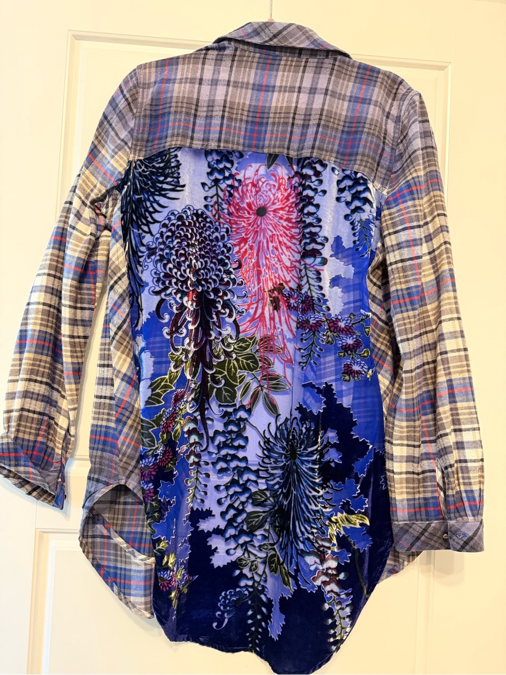 Mixed-Print Button-Down Shirt with Floral Back - Blue